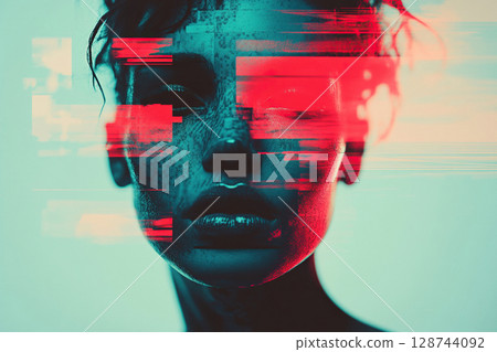 Portrait of a woman with a glitch on her face. Distortion of beauty. Double exposure, pink and blue colors. Generated by artificial intelligence. 128744092