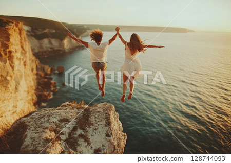 Cheerful tourists holding hands jump into the refreshing blue sea during a relaxing summer vacation. A guy and a girl dive fully clothed from a cliff into the sea for fun. Cheerful tourists holding hands jump into the refreshing blue sea during a relaxing summer vacation. A guy and a girl dive fully clothed from a cliff into the sea for fun. 128744093