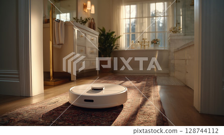 Robotic vacuum cleaner navigates sunlit bathroom with elegant decor, enhancing serene atmosphere Robotic vacuum cleaner navigates sunlit bathroom with elegant decor, enhancing serene atmosphere 128744112