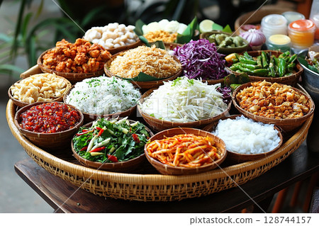 Set of bowls with snacks on a wooden tray. Asian food on plates. 128744157