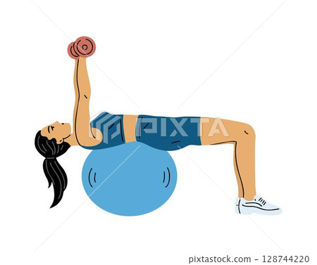 Sporty young woman doing exercises with gymnastic ball and dumbbells 128744220