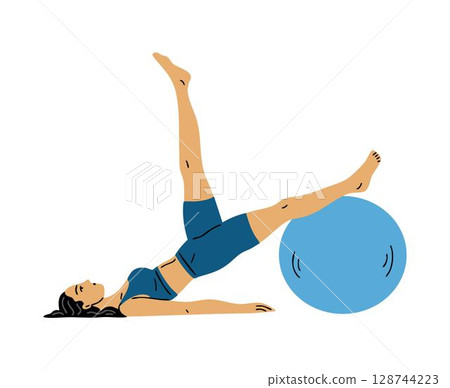 Sporty young woman doing exercises with gymnastic ball 128744223