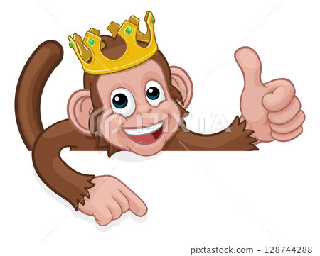 Monkey King Crown Thumbs Up Pointing Sign Cartoon 128744288