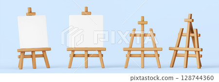Easel stand with painting board 3d render icon set. Wooden painter tripod with empty white canvas for artist drawing, front and angle view. Art school or workshop isolated equipment. 3D illustration Easel stand with painting board 3d render icon set. Wooden painter tripod with empty white canvas for artist drawing, front and angle view. Art school or workshop isolated equipment. 3D illustration 128744360
