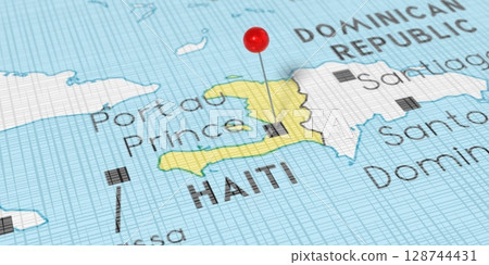 Haiti, Port au Prince - push pin on political map - 3D illustration 128744431