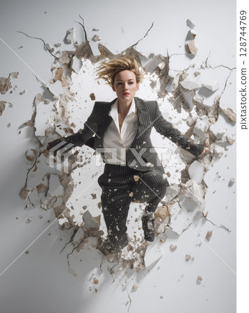 A businesswoman breaking through a wall - Image symbolizing challenge, breakthrough, and powerful female image 128744769