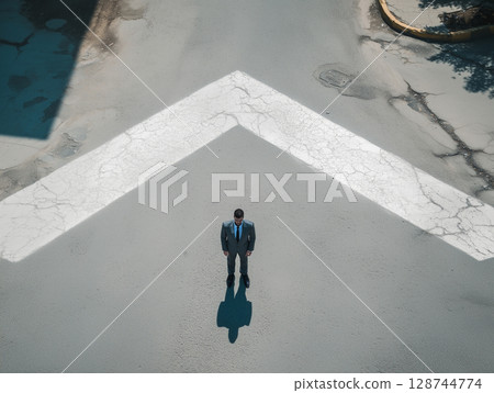 Aerial view of a businessman standing at a crossroads - a symbolic image of decision-making and choice 128744774