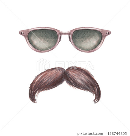 Sunglasses, retro mustache. Hand-painted watercolor illustration of funny face isolated on white background. Perfect for hipster and nerd branding, barbershop decor, men fashion, gentleman designs 128744805