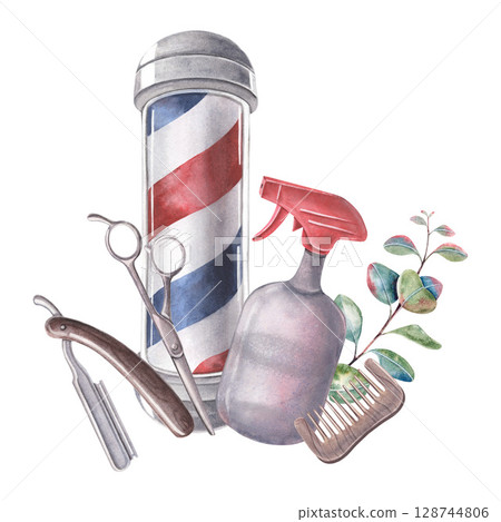 Barber pole, spray bottle, scissors, razor, comb, eucalyptus branch. Hand-painted watercolor illustration of barbershop tools isolated on white for grooming, hairdressing salon branding, retro design Barber pole, spray bottle, scissors, razor, comb, eucalyptus branch. Hand-painted watercolor illustration of barbershop tools isolated on white for grooming, hairdressing salon branding, retro design 128744806