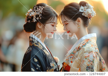 Two young Korean women in traditional dresses look at each other and smile tenderly. Two young Korean women in traditional dresses look at each other and smile tenderly. 128744807
