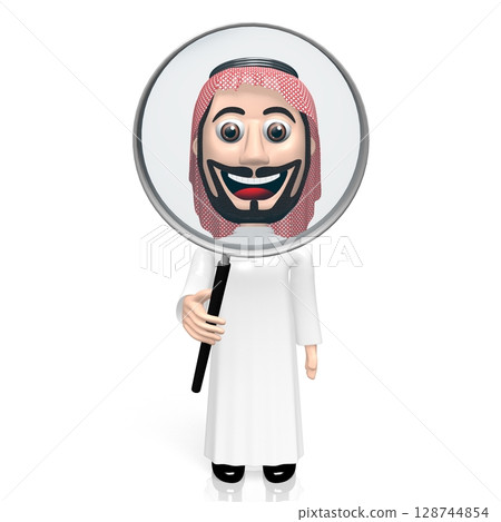 3D Arab with magnifying glass 128744854