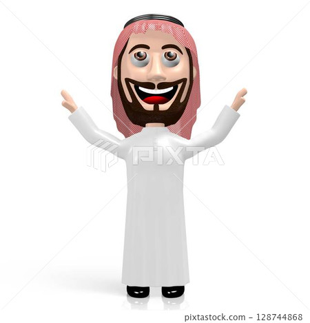 3D Arab cartoon character, raised hands 128744868