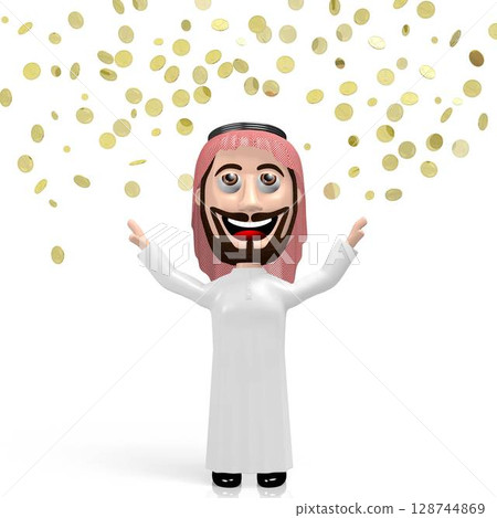 3D rich arab cartoon character, golden coins 128744869