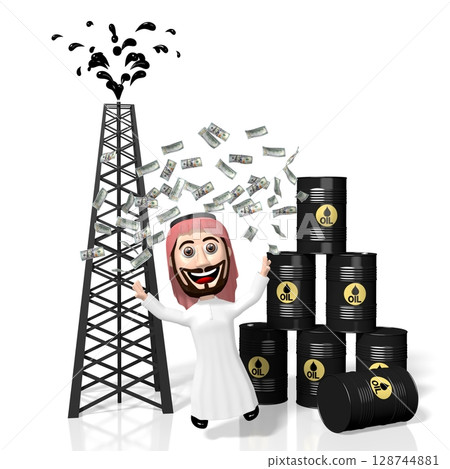 3D Arab cartoon character, oil well, money 128744881