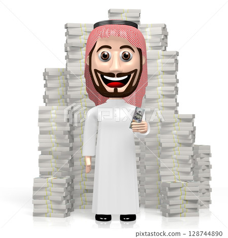 3D Arab cartoon character, hundred dollar bills 128744890