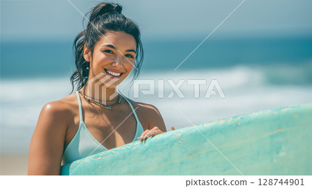 Summer beach scene with a woman holding a surfboard - an exhilarating image of freedom and resort life 128744901