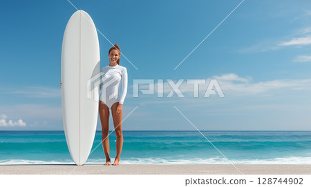 Summer beach scene with a woman holding a surfboard - an exhilarating image of freedom and resort life 128744902