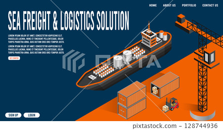 Sea freight transport isometric Cargo logistics with oil tanker, working crane and container ships. Sea freight transport isometric Cargo logistics with oil tanker, working crane and container ships. 128744936