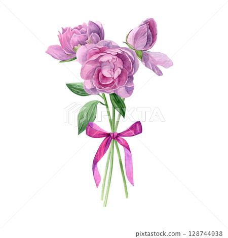 Bouquet of peonies. Watercolor bouquet of summer flowers with pink ribbon isolated on a white background. Good for postcards, invitations, greeting cards 128744938