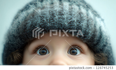 Close-up of wide-eyed child in a fuzzy winter hat, capturing curiosity and wonder in a cold season moment 128745253