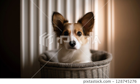 Cute dog sitting in a woven basket near a warm wall with soft lighting 128745276