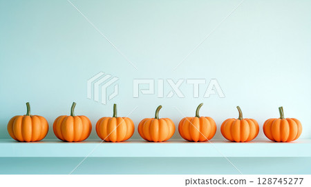 Row of seven small orange pumpkins arranged on a light blue shelf against a pastel wall background 128745277
