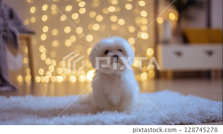 Small white fluffy dog sitting on a soft rug with warm bokeh lights in the background of a cozy room 128745278
