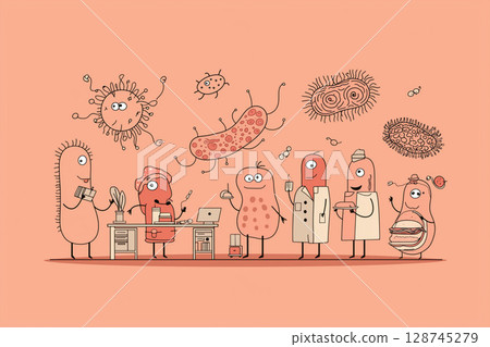 Funny cartoon illustration of anthropomorphic bacteria and microbes in lab coats doing scientific experiments on a peach background 128745279