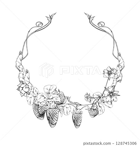 Strawberry on stems with vines tendrils flowers wreath, ripe garden berry pineberry strasberry. Isolated hand drawn vector ink vignette crown frame. Farmers market, eco gardening, food packaging cards 128745306