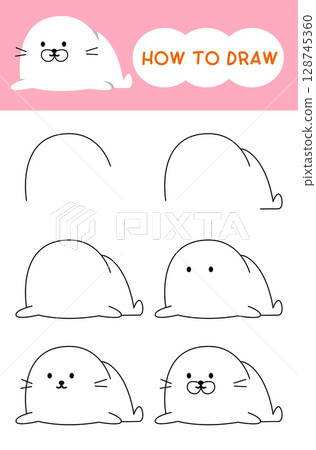 How to draw fluffy fat seal cartoon step by step for learning, drawing, kindergarten, coloring book and education 128745360
