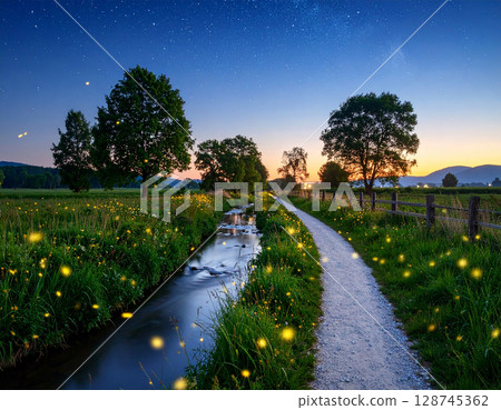 A summer night in the Japanese countryside, fireflies dancing and a starry sky | A landscape illustration depicting tranquility and natural beauty A summer night in the Japanese countryside, fireflies dancing and a starry sky | A landscape illustration depicting tranquility and natural beauty 128745362