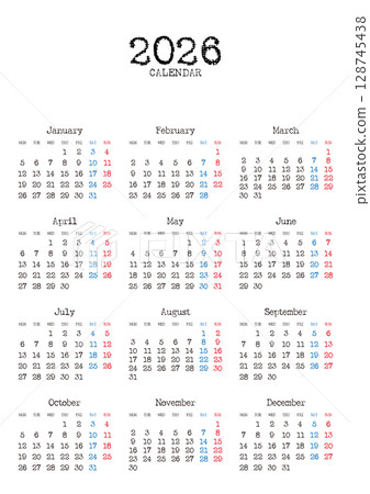 Typewriter-style 2026 calendar, starting on Monday, vertical position, no Japanese holidays Typewriter-style 2026 calendar, starting on Monday, vertical position, no Japanese holidays 128745438