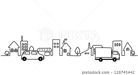 Simple hand-drawn line drawing illustration of a car and cityscape in black and white 128745442