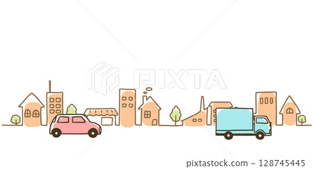Simple hand-drawn line drawing illustration of a car and cityscape in pastel colors 128745445