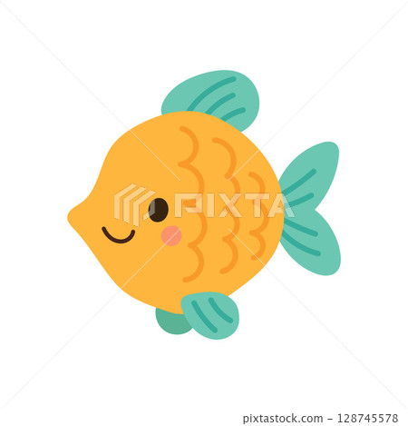 Cute orange fish with teal fins and a smile, perfect for ocean-themed kids designs and playful aquatic illustrations Cute orange fish with teal fins and a smile, perfect for ocean-themed kids designs and playful aquatic illustrations 128745578