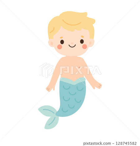 Happy blond triton merboy with blue tail and smiling face, merman perfect for magical ocean scenes, myth illustrations, and underwater children art 128745582