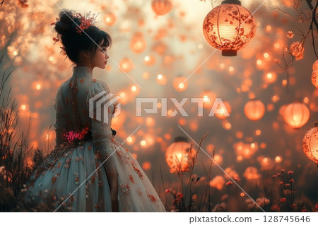 Lantern-Lit Evening Elegance of a Woman in the Field 128745646
