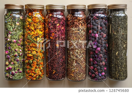 Assorted Herbal Teas In Tall Jars Assorted Herbal Teas In Tall Jars 128745680