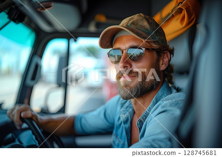 Confident Truck Driver With Sunglasses Confident Truck Driver With Sunglasses 128745681
