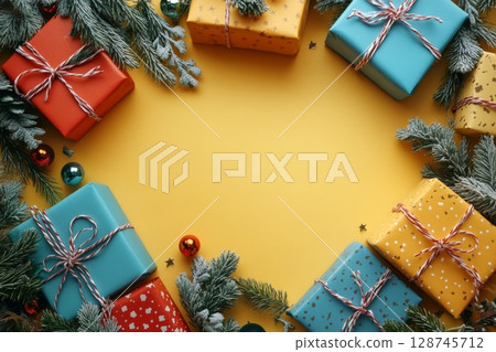 Colorful Gift Boxes With Pine Decorations 128745712