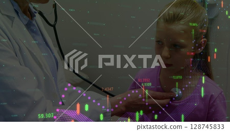 Image of data processing over caucasian female doctor treating girl 128745833