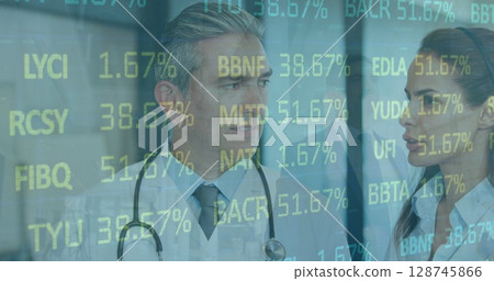 Image of data processing over caucasian doctors talking 128745866