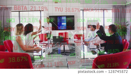 Image of data processing over diverse business people at meeting 128745872