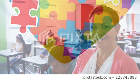 Jigsaw puzzle and heart icon against portrait of caucasian female teacher reading a book at school Jigsaw puzzle and heart icon against portrait of caucasian female teacher reading a book at school 128745888