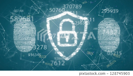 Image of multiple numbers over security padlock and fingerprint scanner Image of multiple numbers over security padlock and fingerprint scanner 128745903