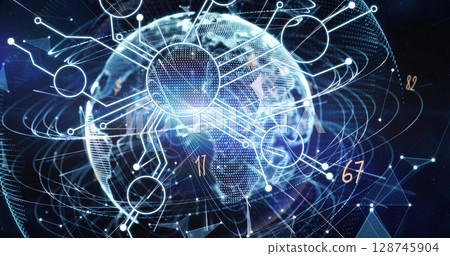 Image of microprocessor connections over light trails and globe against black background Image of microprocessor connections over light trails and globe against black background 128745904