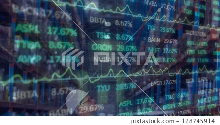 Image of data processing over caucasian male worker in warehouse Image of data processing over caucasian male worker in warehouse 128745914