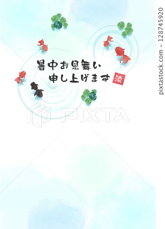 Vector illustration of a summer greeting card with goldfish and floating plants painted in watercolor Vector illustration of a summer greeting card with goldfish and floating plants painted in watercolor 128745920