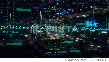 Image of globe and spots over cityscape Image of globe and spots over cityscape 128745921