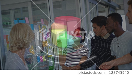 Image of data processing over diverse business people talking 128745940